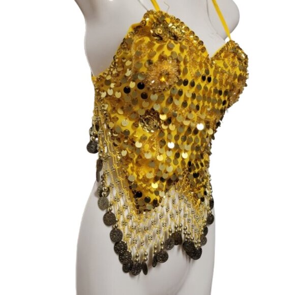 Yellow Sequin Halter Crop Top Silver Sequin Backless Belly Dancing Tops NEW - Picture 2 of 12